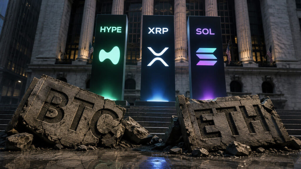Bitcoin and Ethereum ETF outflows expose rotation into HYPE, XRP and Solana Broken Bitcoin and Ethereum ETF monuments beneath glowing HYPE, XRP, and Solana symbols illustrating investor rotation away from BTC and ETH funds into alternative crypto assets