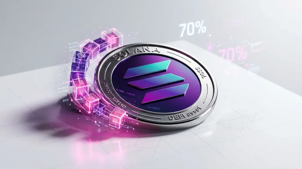Coinbase Just Added Solana as Loan Collateral Solana News: Coinbase Just Added Solana as Loan Collateral Alongside Bitcoin and Ethereum: Is SOL Finally Getting Its Moment? Solana coin wrapped in digital smart contract visualization with 70% overlay on white studio background