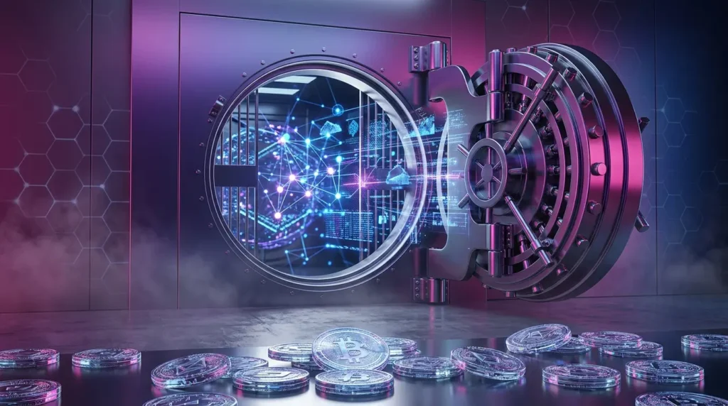 Modern bank vault revealing blockchain network representing tokenized deposit infrastructure